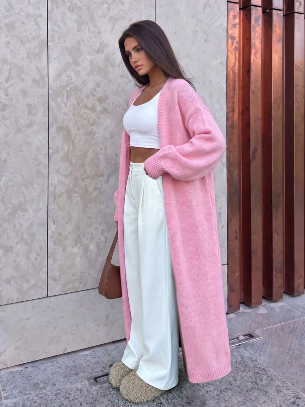 Pink Casual Women's Loose Long open front sweater cardigan